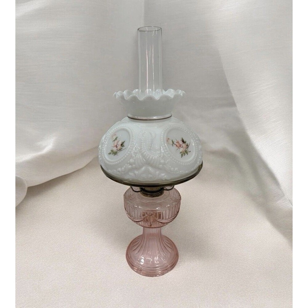 Pink Lincoln Drape  Aladdin Table Oil Lamp w Floral Milk Glass Shade & Chimney